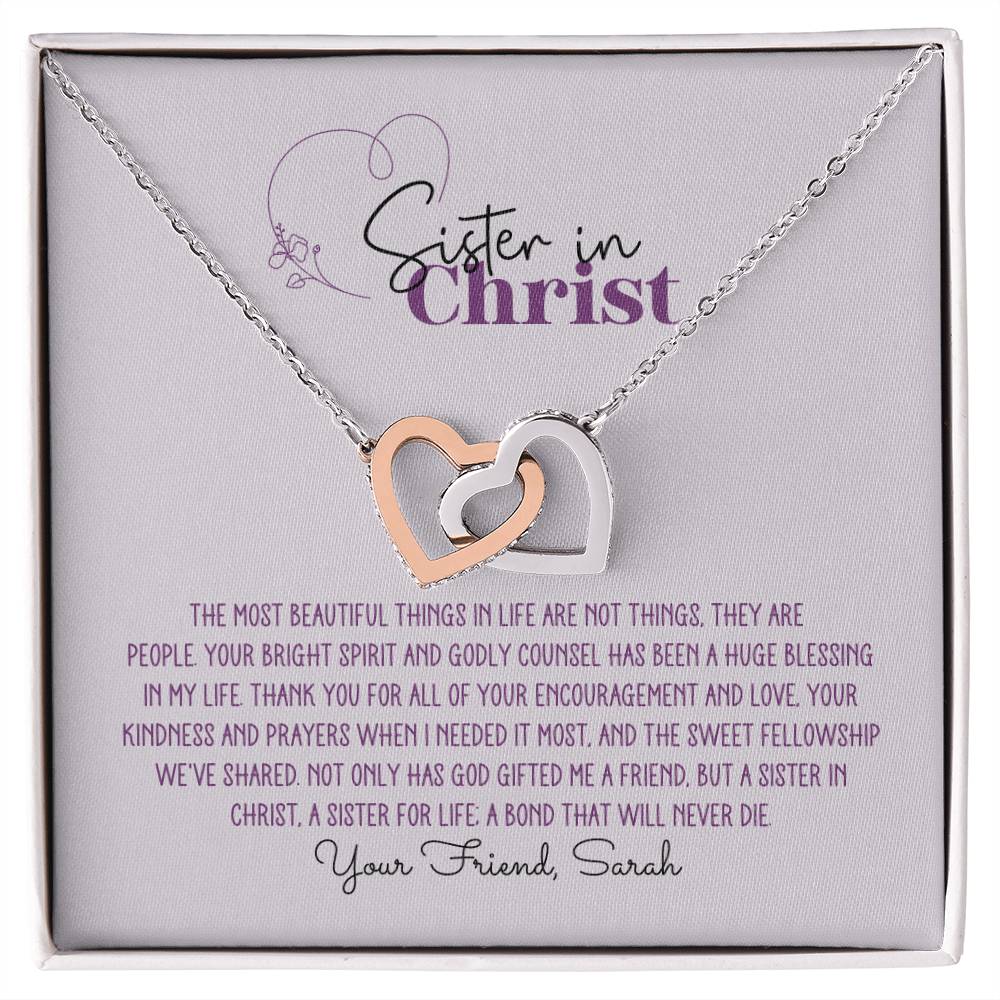 Sister in Christ Personalized Interlocking Hearts Necklace - Purple