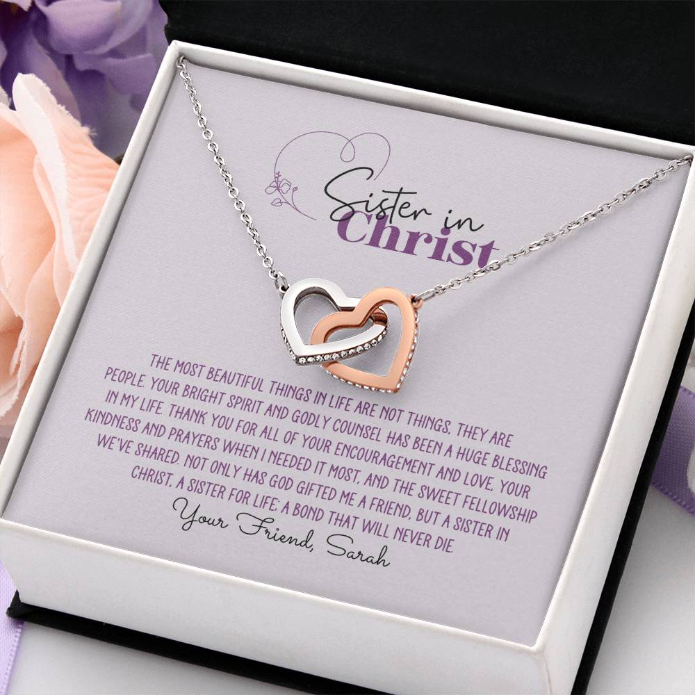 Sister in Christ Personalized Interlocking Hearts Necklace - Purple