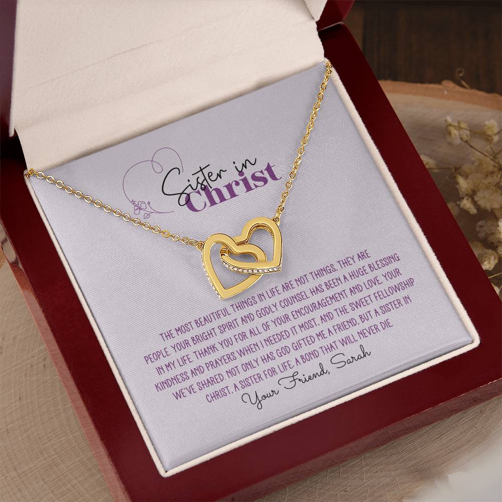 Sister in Christ Personalized Interlocking Hearts Necklace - Purple