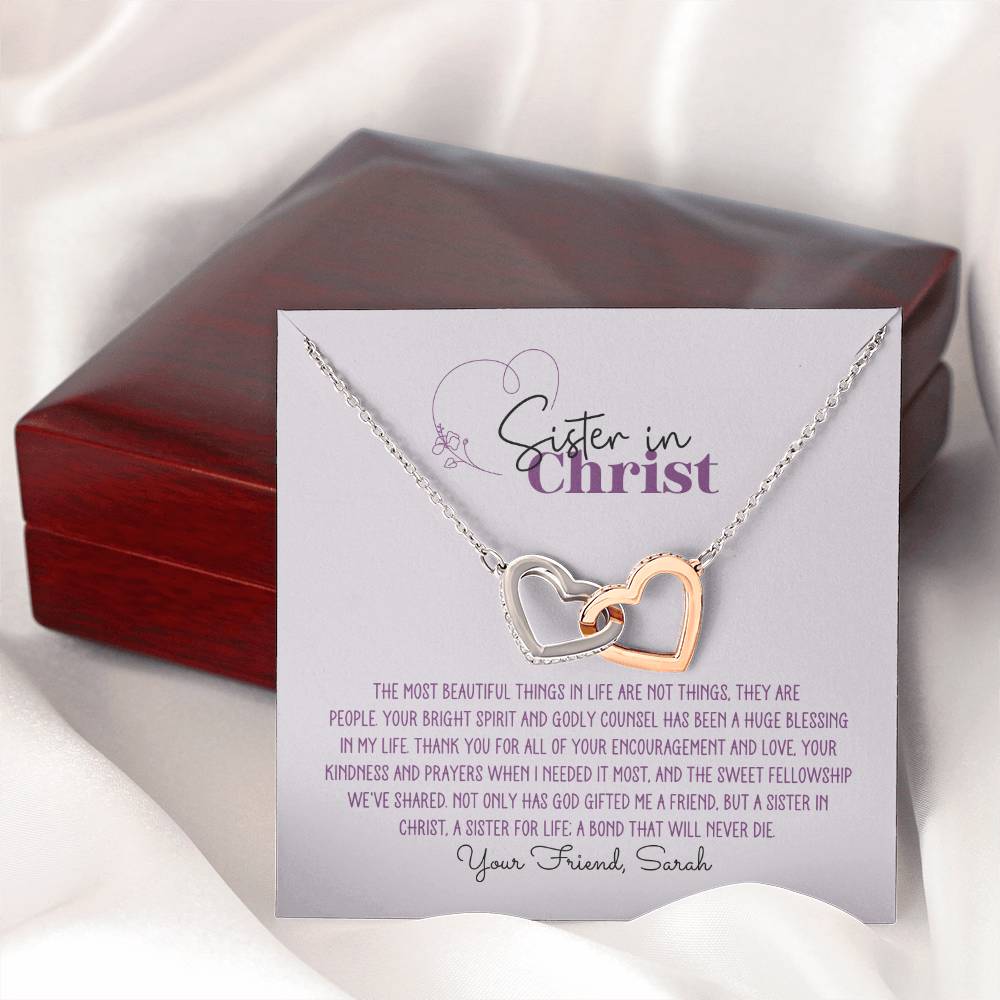 Sister in Christ Personalized Interlocking Hearts Necklace - Purple