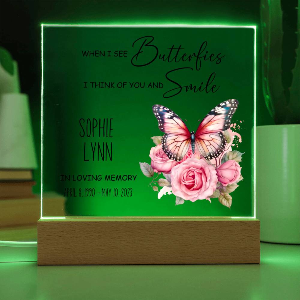 Pink Floral Butterfly Personalized Memorial Plaque