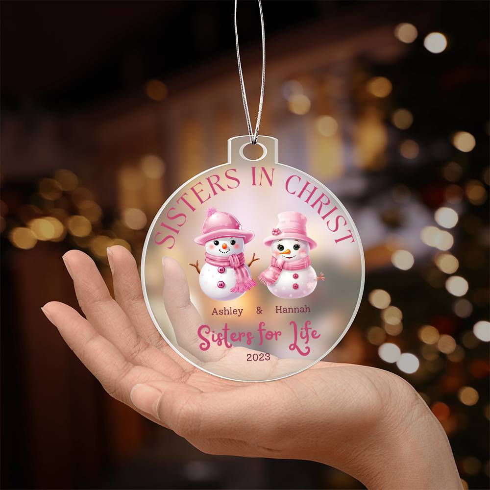 Sister in Christ Personalized Ornament Pink Snowman Ornament for Christian Friendship