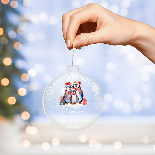 Our First Christmas Family of 3 Personalized Acrylic Ornament - Penguins